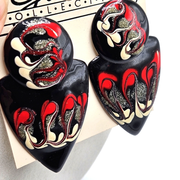 NEW VINTAGE Gisela's Collection Large Painted Swirl Metal Statement Earrings 80s - Picture 6 of 6